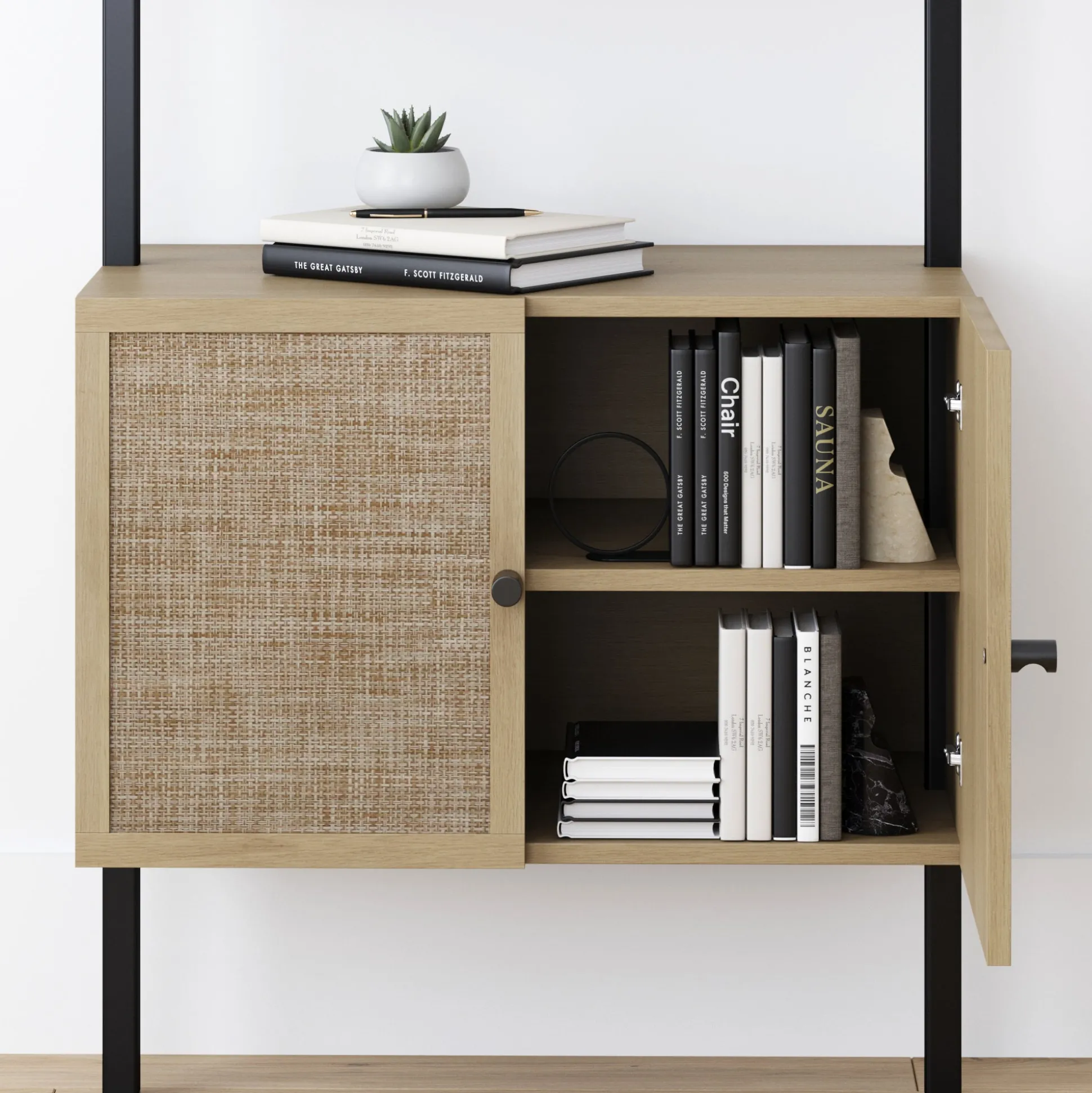 Rattan Ladder Storage Bookshelf with Doors Light Oak