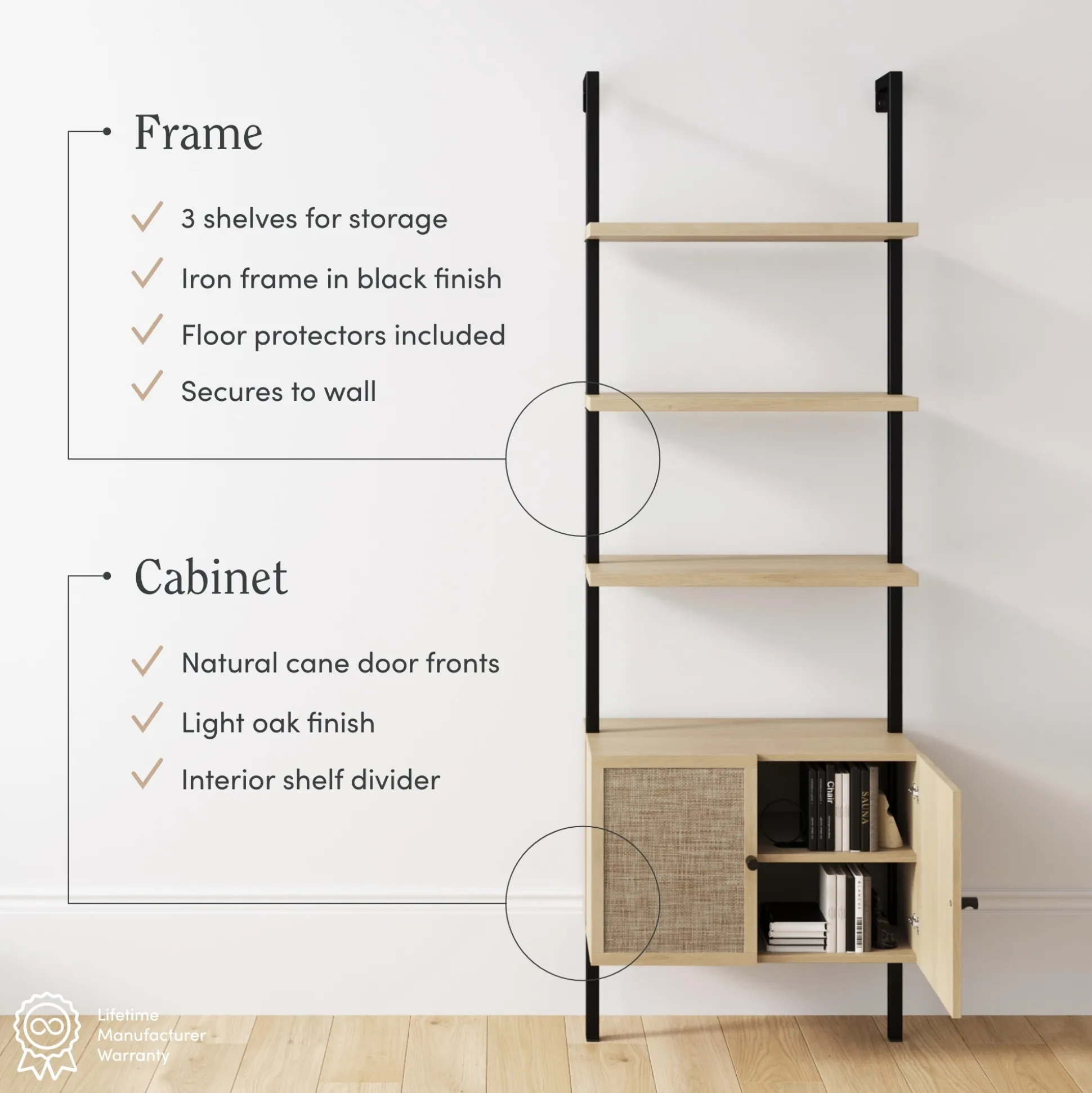 Rattan Ladder Storage Bookshelf with Doors Light Oak