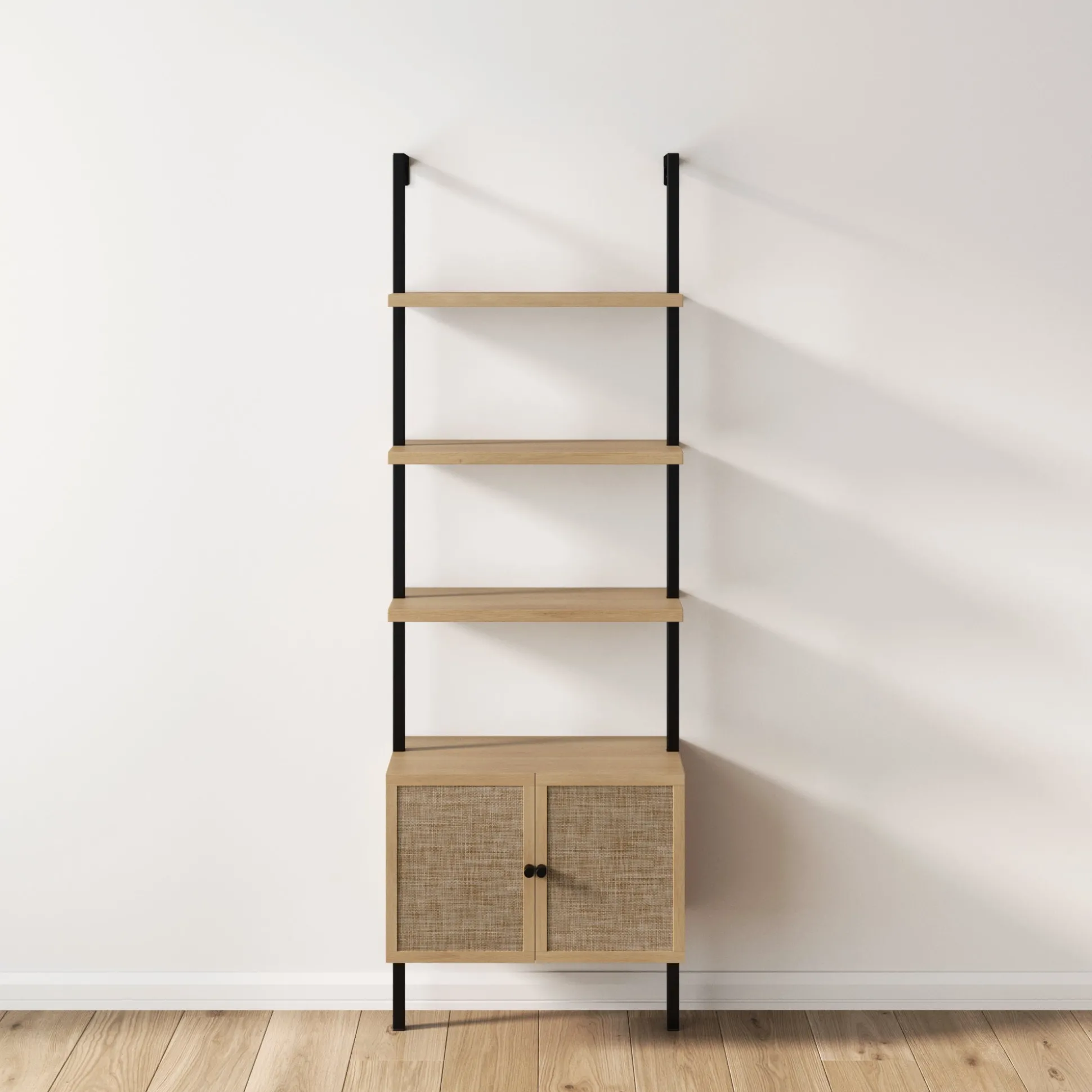 Rattan Ladder Storage Bookshelf with Doors Light Oak