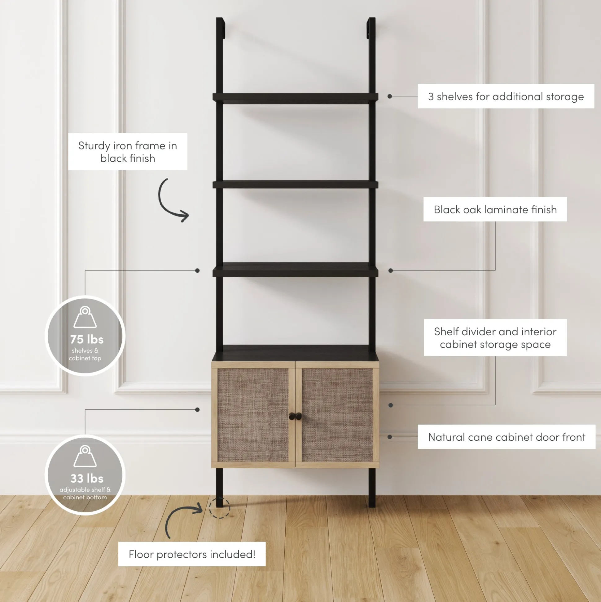 Rattan Ladder Storage Bookshelf with Doors Black