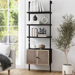 Rattan Ladder Storage Bookshelf with Doors Black