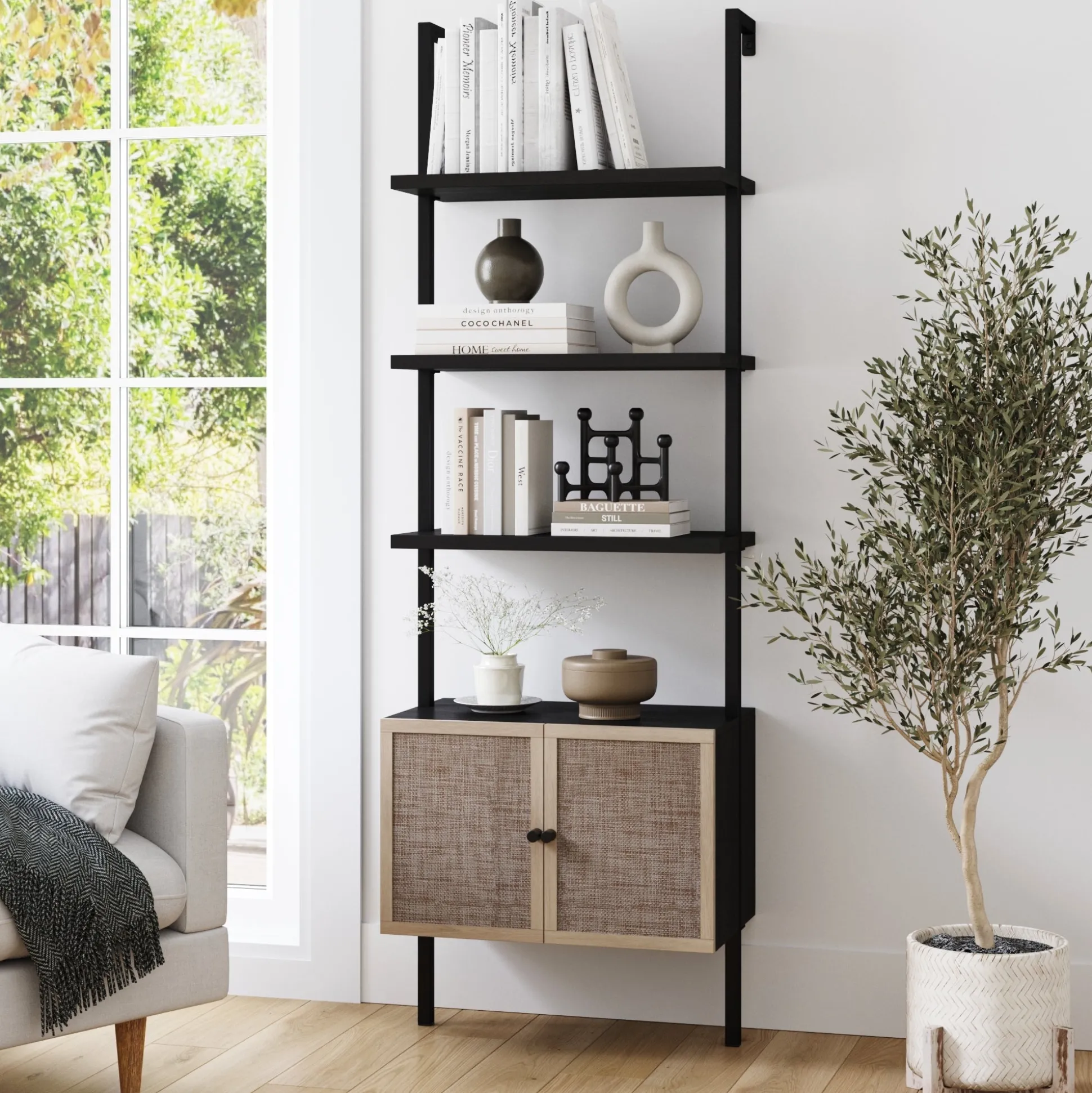 Rattan Ladder Storage Bookshelf with Doors Black