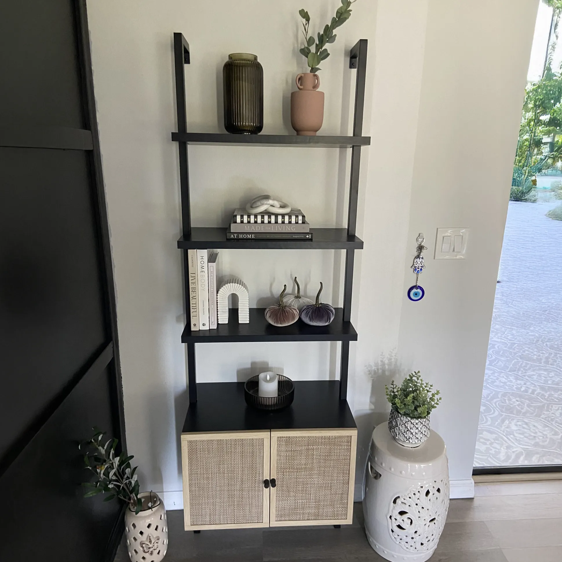 Rattan Ladder Storage Bookshelf with Doors Black