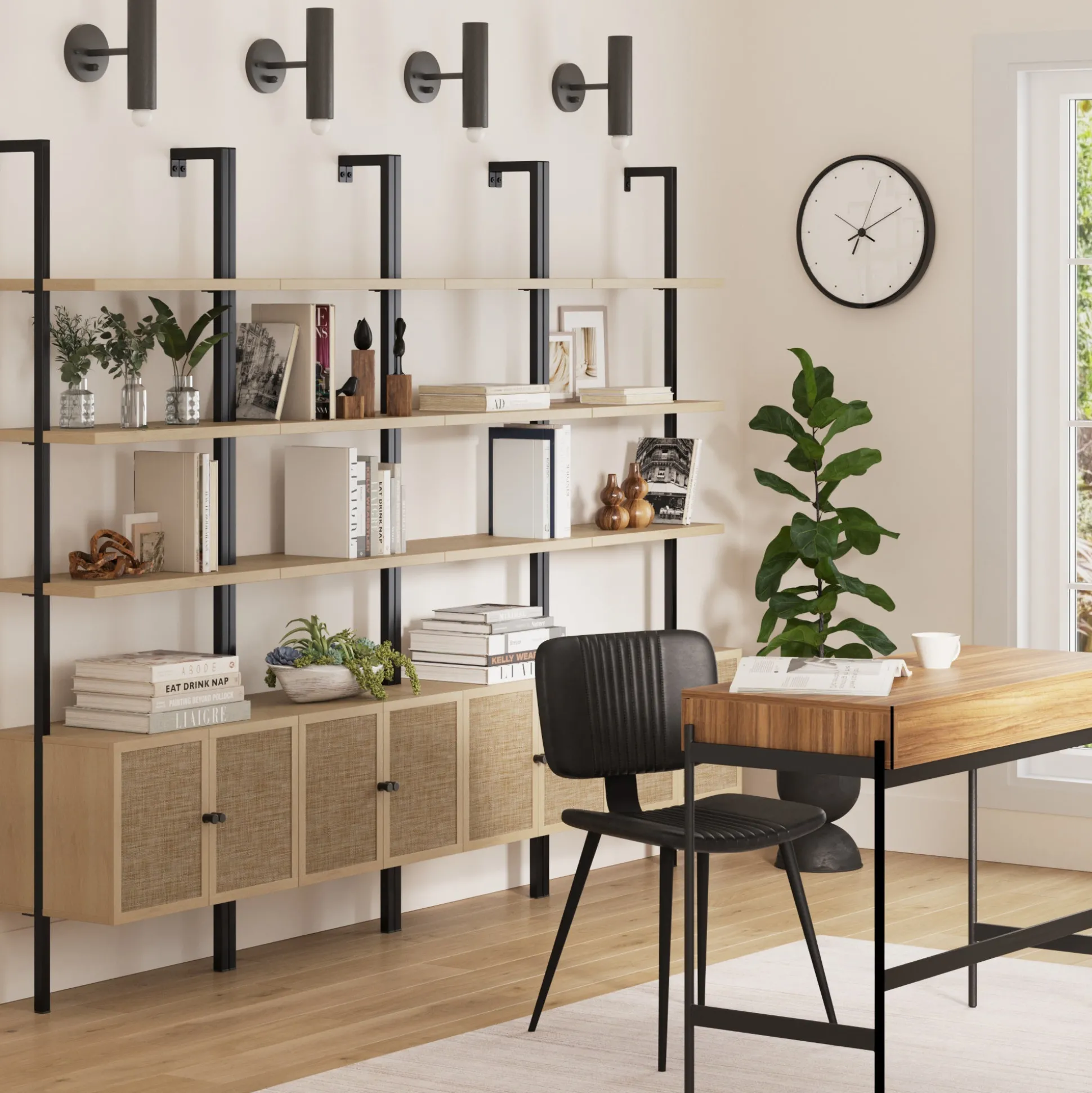 Rattan Ladder Wall Bookshelves with Doors Light Oak (Set of 4)