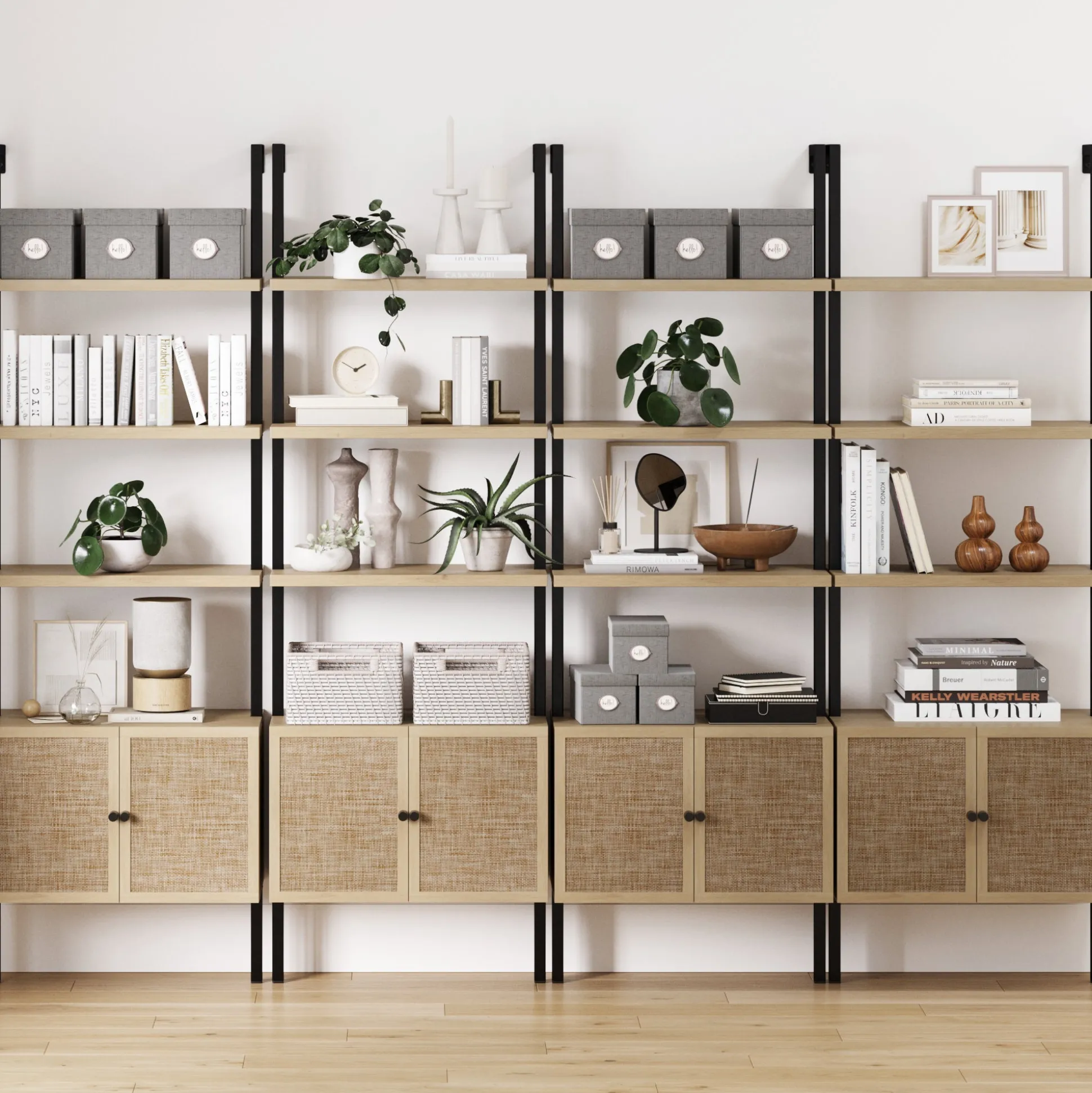 Rattan Ladder Wall Bookshelves with Doors Light Oak (Set of 4)