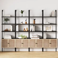 Rattan Ladder Wall Bookshelves with Doors Black (Set of 4)