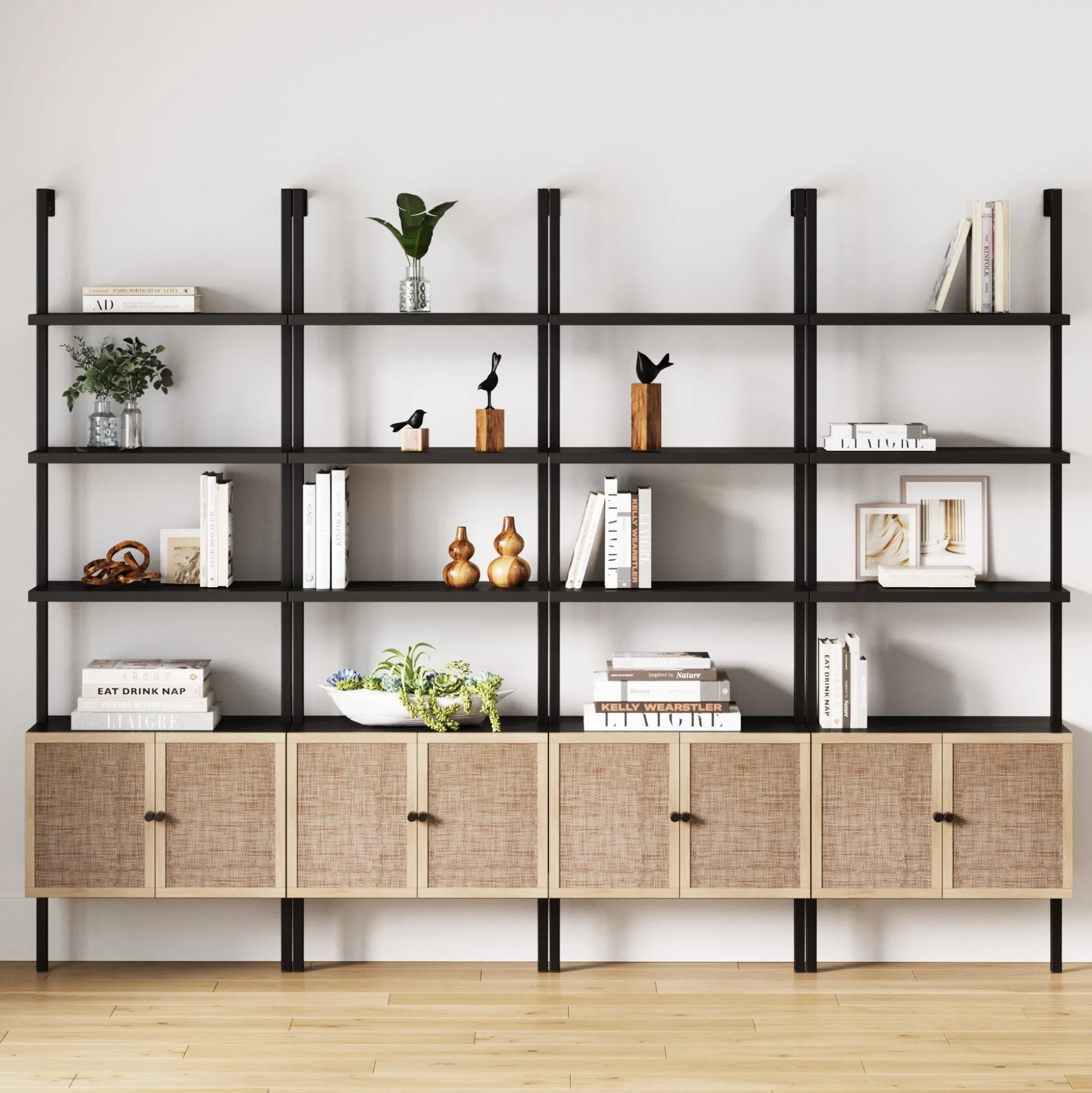 Rattan Ladder Wall Bookshelves with Doors Black (Set of 4)