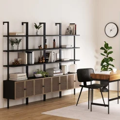 Rattan Ladder Wall Bookshelves with Doors Black (Set of 4)