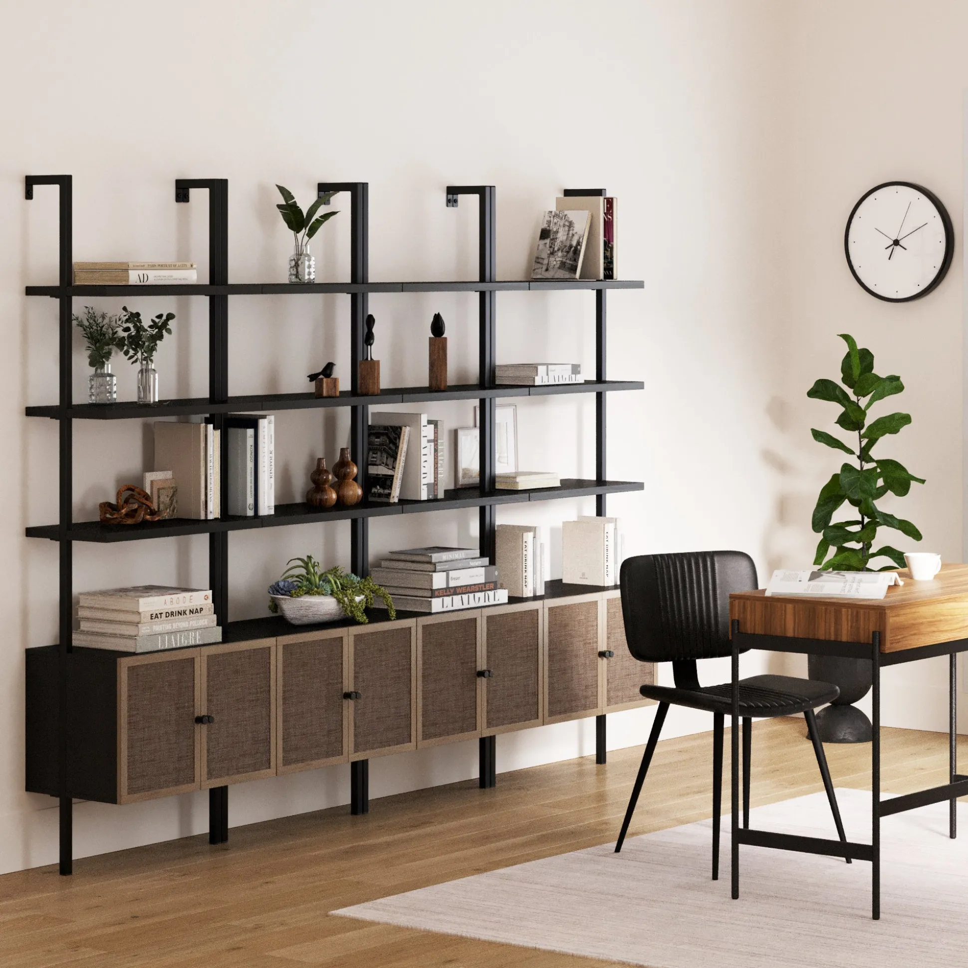 Rattan Ladder Wall Bookshelves with Doors Black (Set of 4)