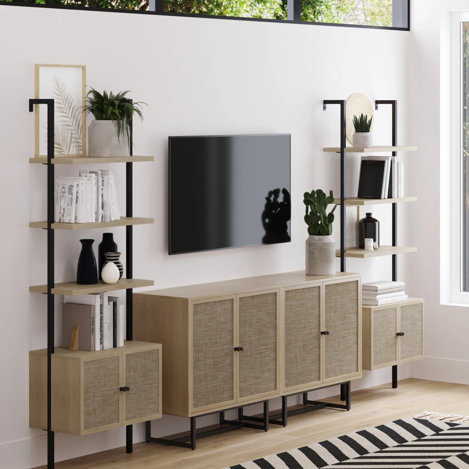Rattan Ladder Wall Bookshelves with Doors Light Oak (Set of 2)