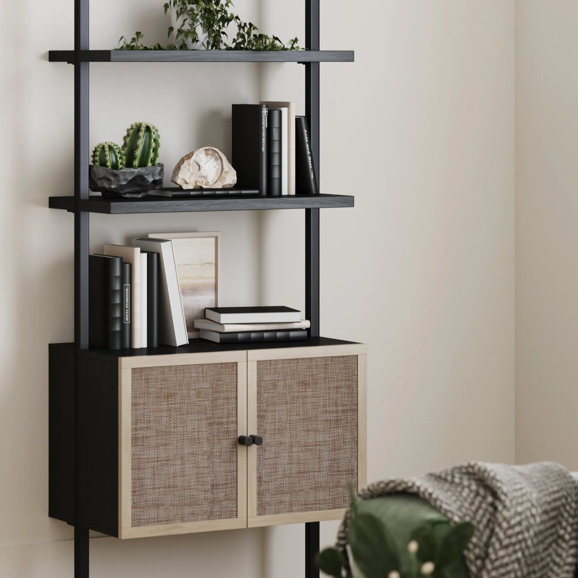 Rattan Ladder Wall Bookshelves with Doors Black (Set of 2)
