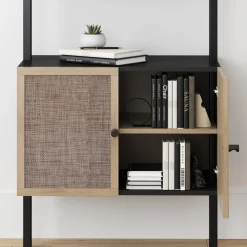 Rattan Ladder Wall Bookshelves with Doors Black (Set of 2)