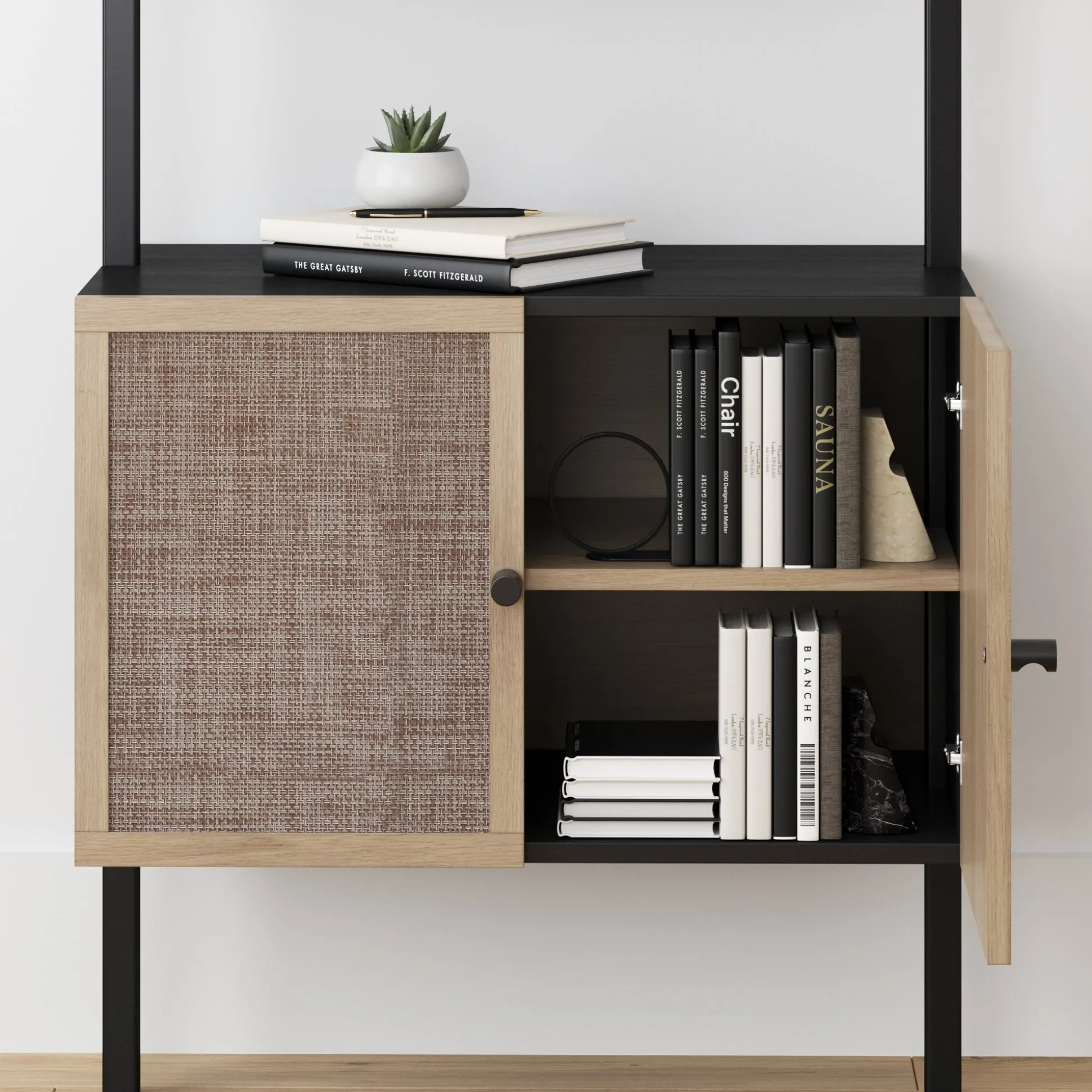 Rattan Ladder Wall Bookshelves with Doors Black (Set of 2)