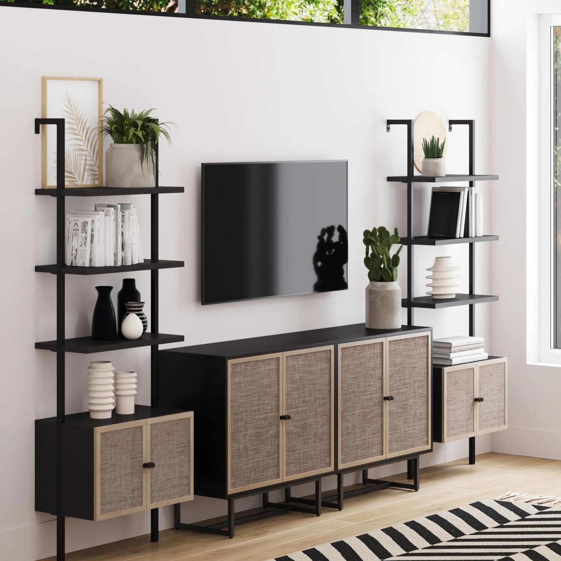 Rattan Ladder Wall Bookshelves with Doors Black (Set of 2)