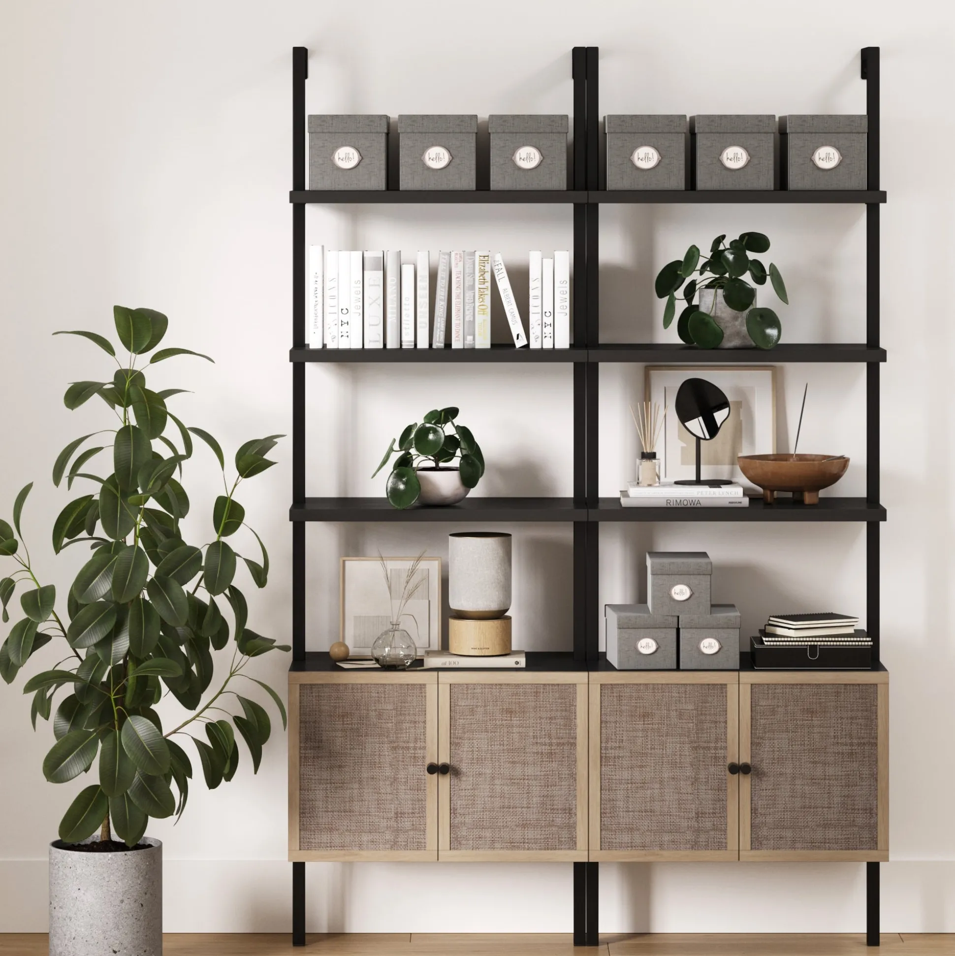 Rattan Ladder Wall Bookshelves with Doors Black (Set of 2)
