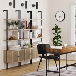Rattan Ladder Wall Bookshelves with Doors Light Oak (Set of 3)