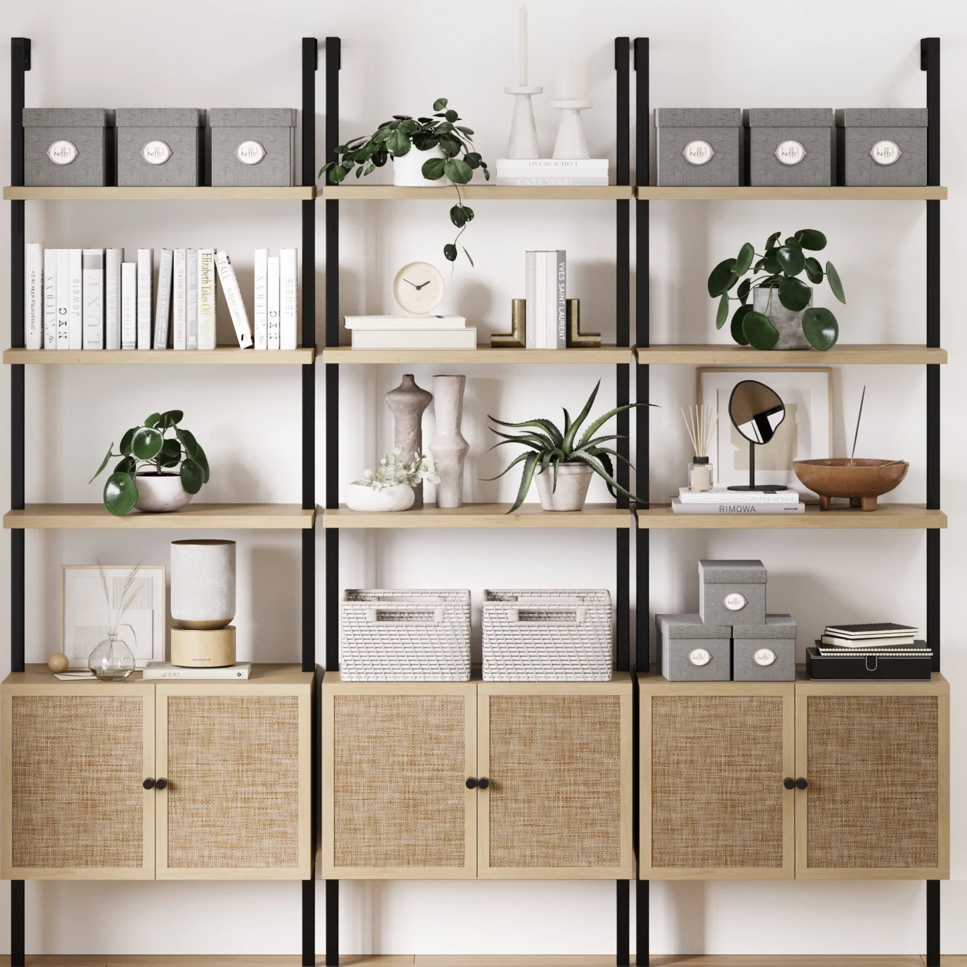 Rattan Ladder Wall Bookshelves with Doors Light Oak (Set of 3)