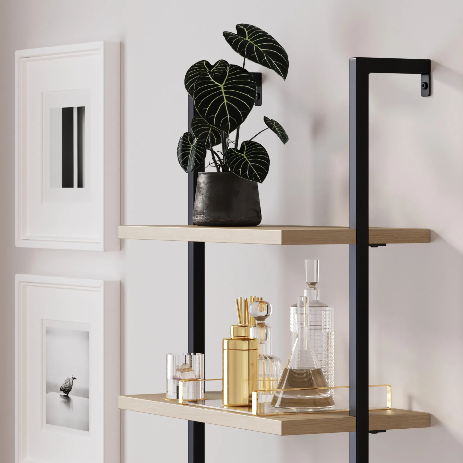 Rattan Ladder Wall Bookshelves with Doors Light Oak (Set of 3)