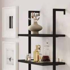 Rattan Ladder Wall Bookshelves with Doors Black (Set of 3)