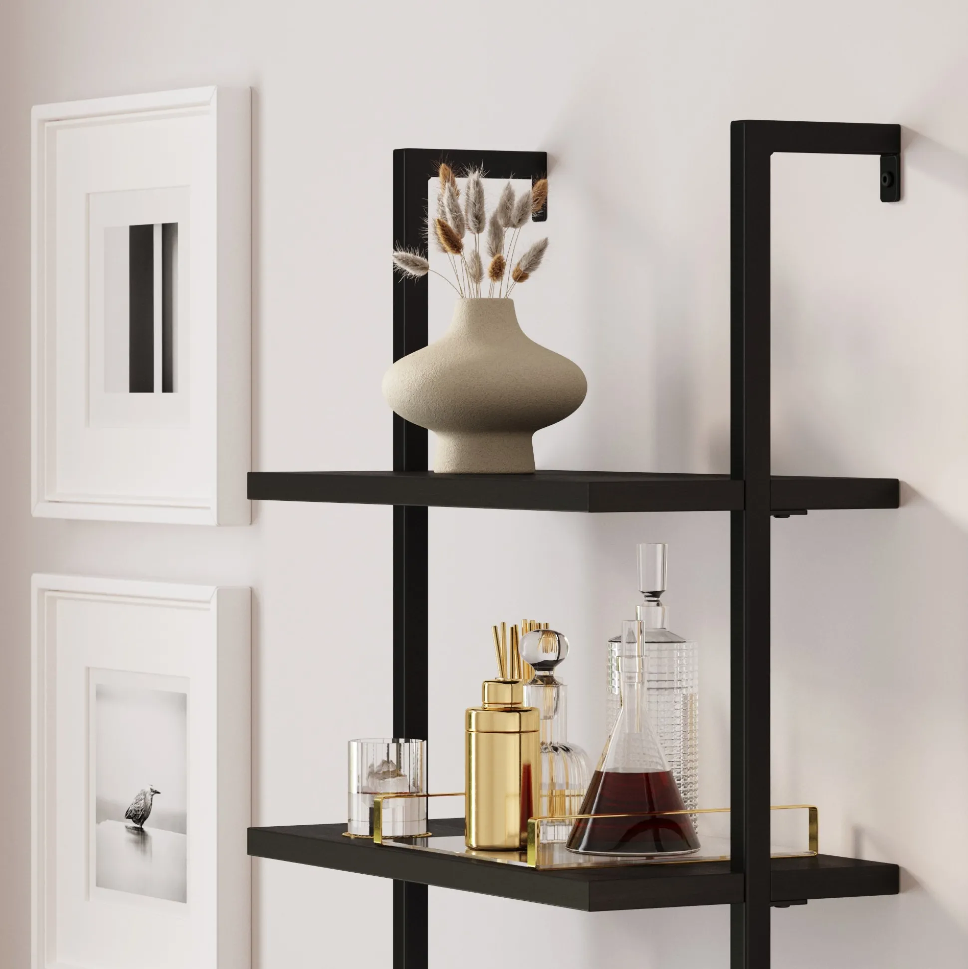 Rattan Ladder Wall Bookshelves with Doors Black (Set of 3)