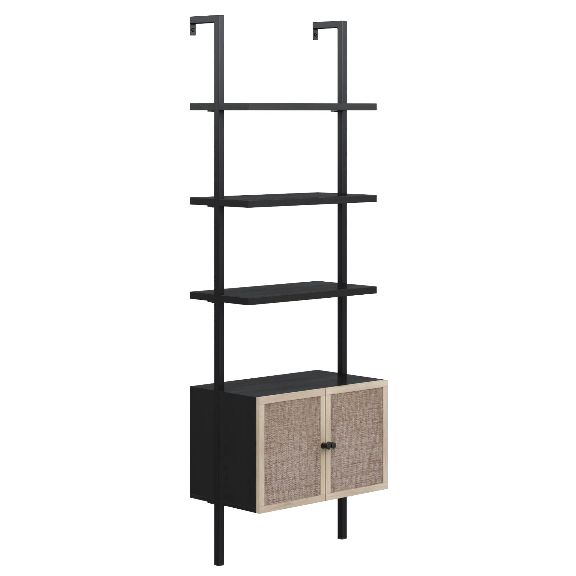 Rattan Ladder Wall Bookshelves with Doors Black (Set of 3)