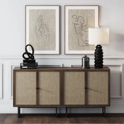 Rattan Storage Cabinet Credenza Walnut (Set of 2)