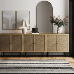 Rattan Storage Cabinet Credenza Oak (Set of 3)