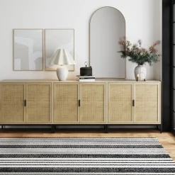 Rattan Storage Cabinet Credenza Oak (Set of 3)