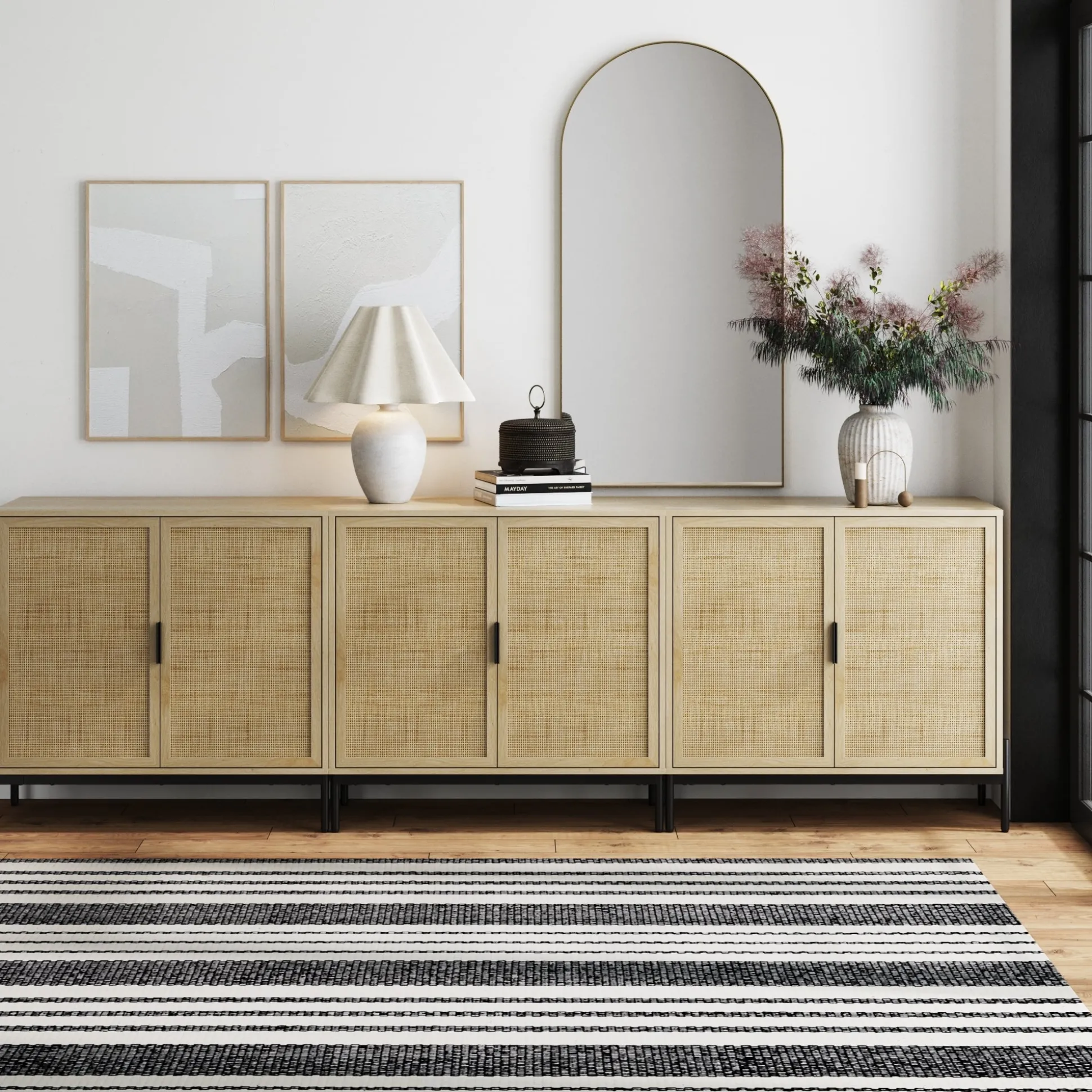 Rattan Storage Cabinet Credenza Oak (Set of 3)