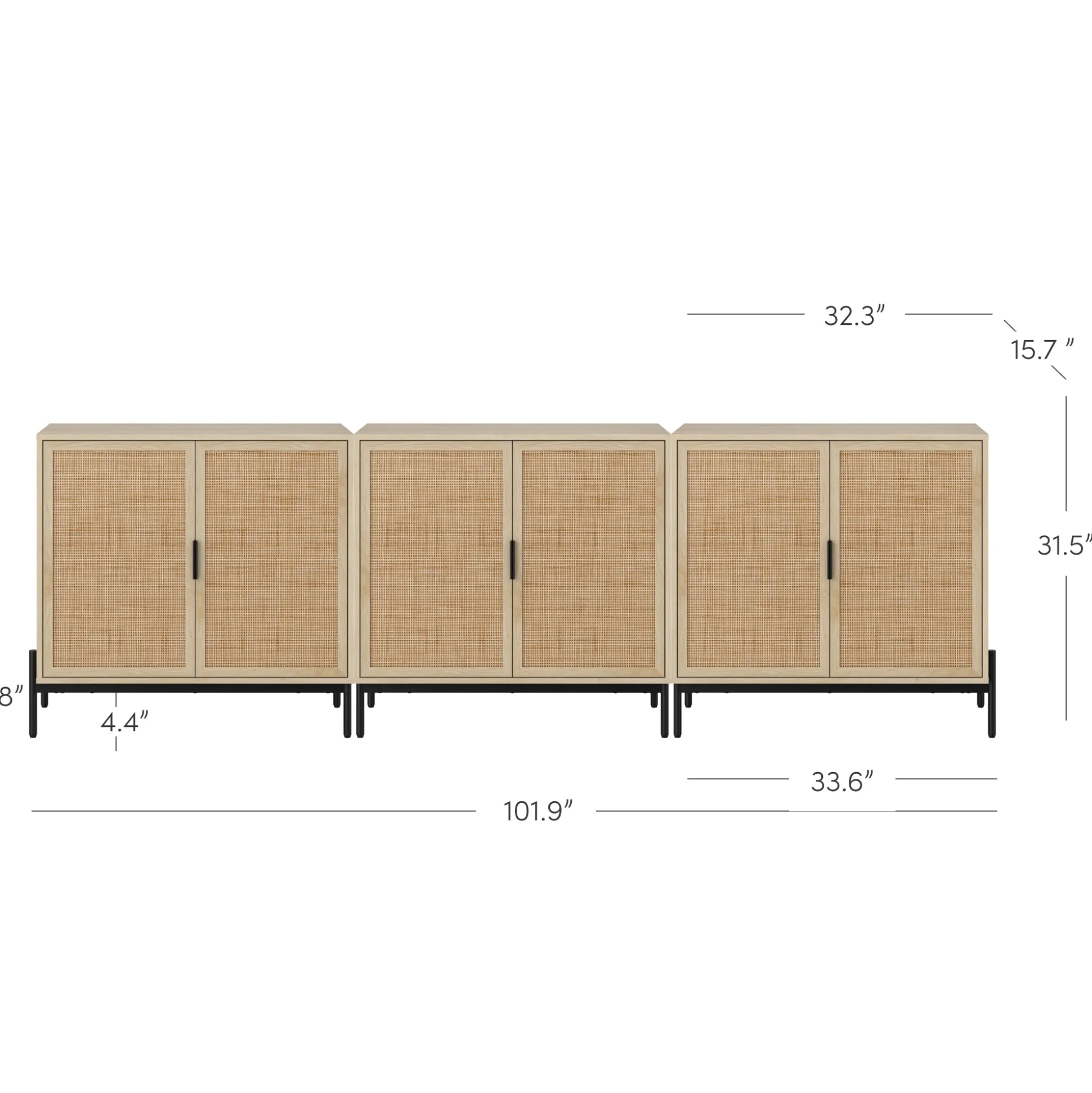 Rattan Storage Cabinet Credenza Oak (Set of 3)