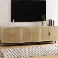 Rattan Storage Cabinet Credenza Oak (Set of 3)