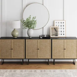 Rattan Storage Cabinet Credenza Black (Set of 3)