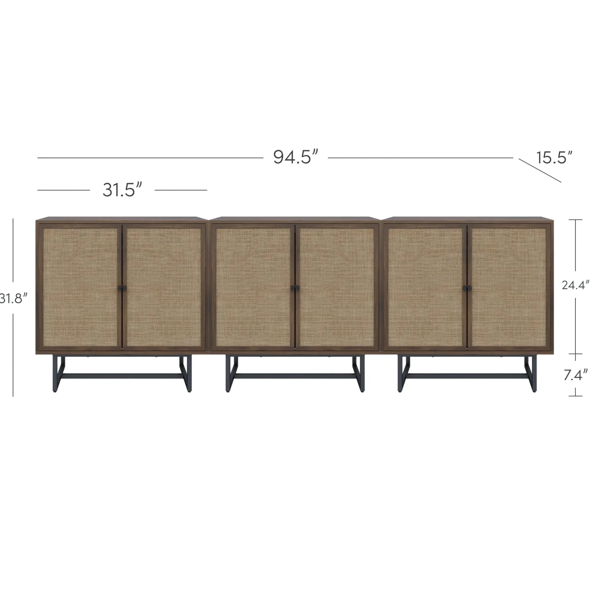 Rattan Storage Cabinet Credenza Walnut (Set of 3)