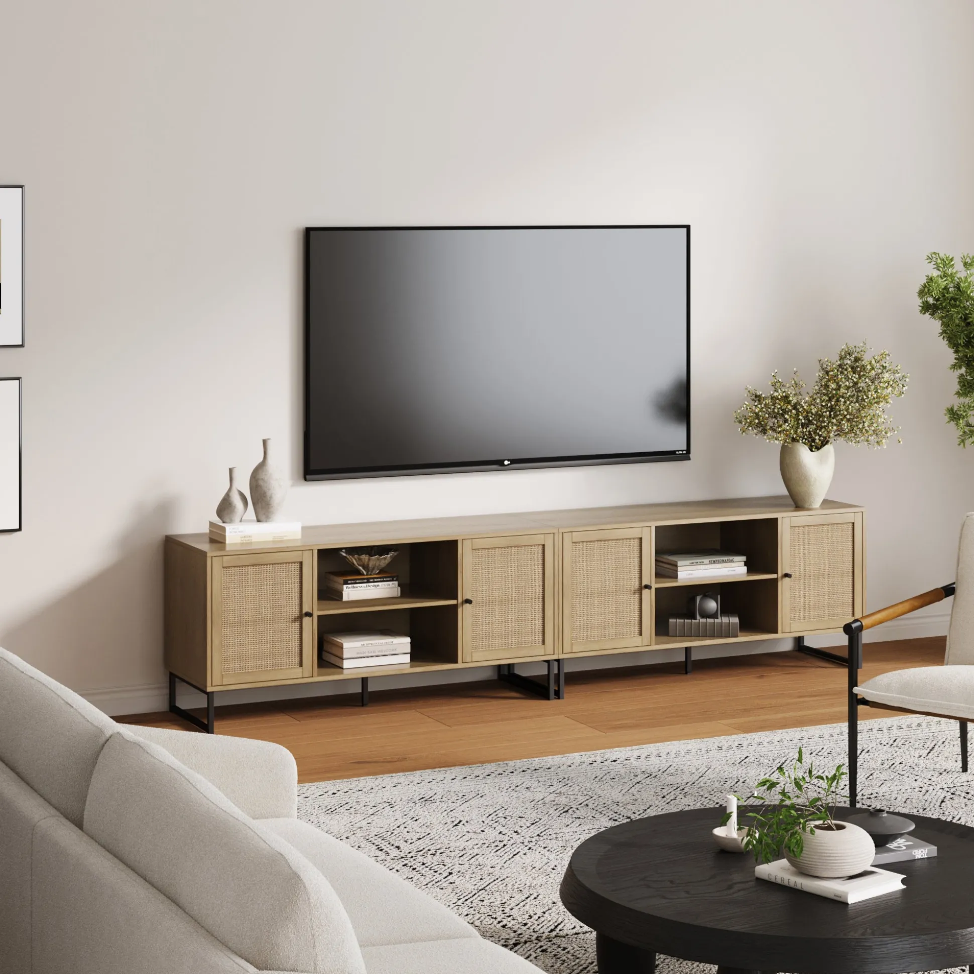 Rattan TV Console Credenza Light Oak (Set of 2)