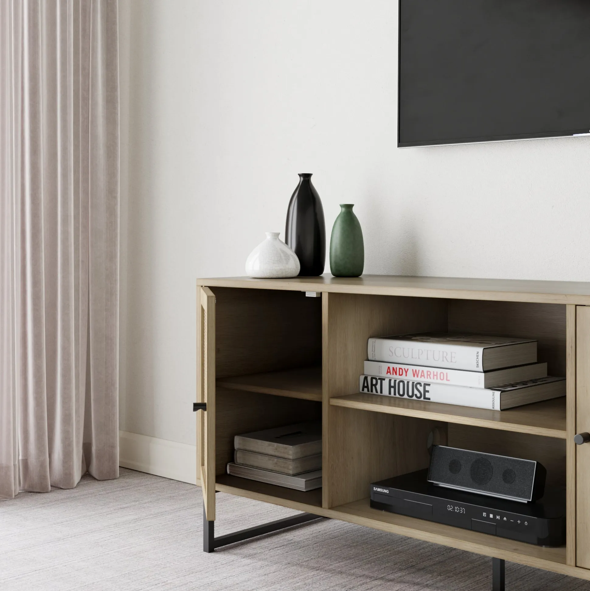 Rattan & Wood 2-Door TV Cabinet Light Oak