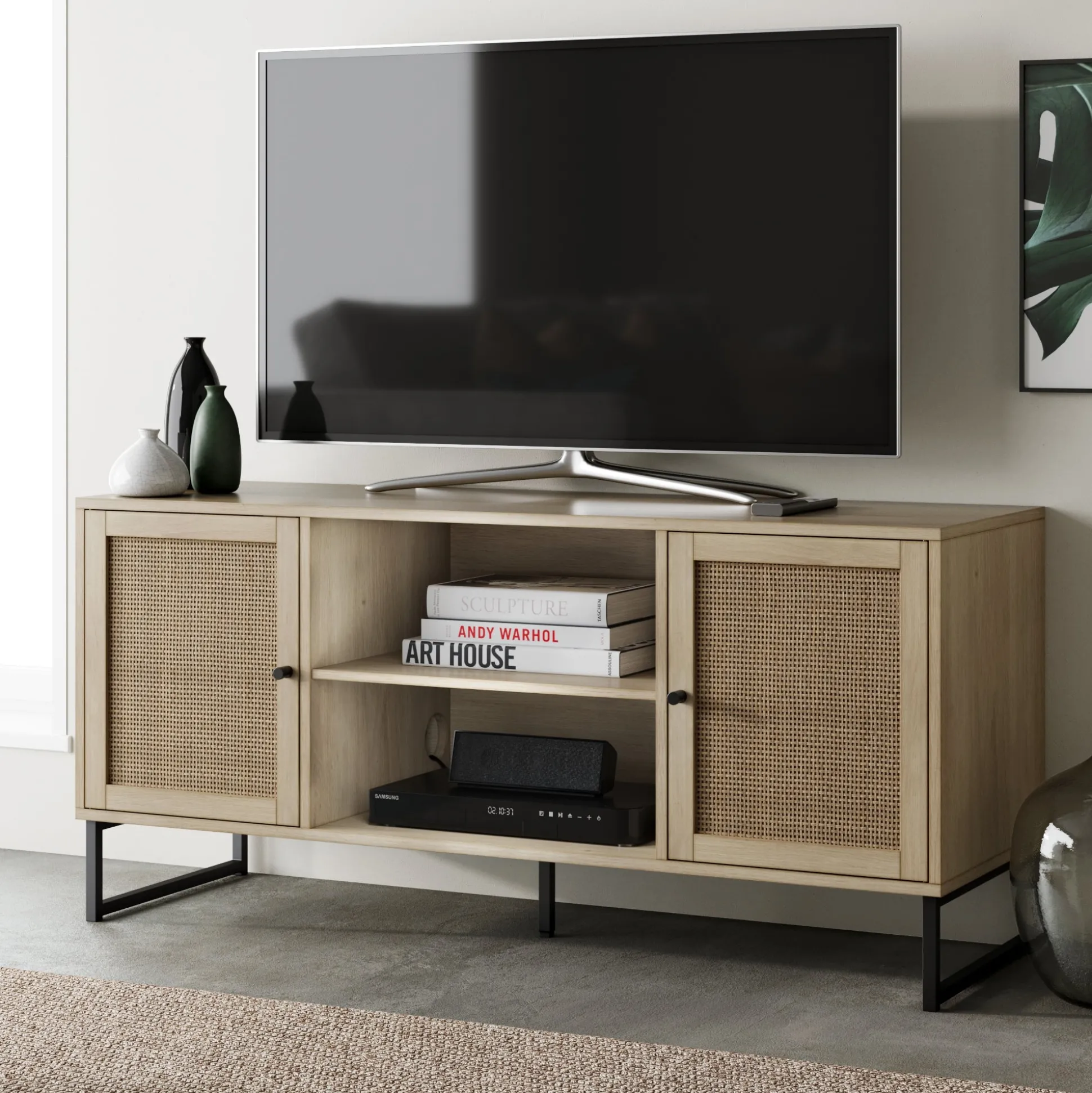 Rattan & Wood 2-Door TV Cabinet Light Oak