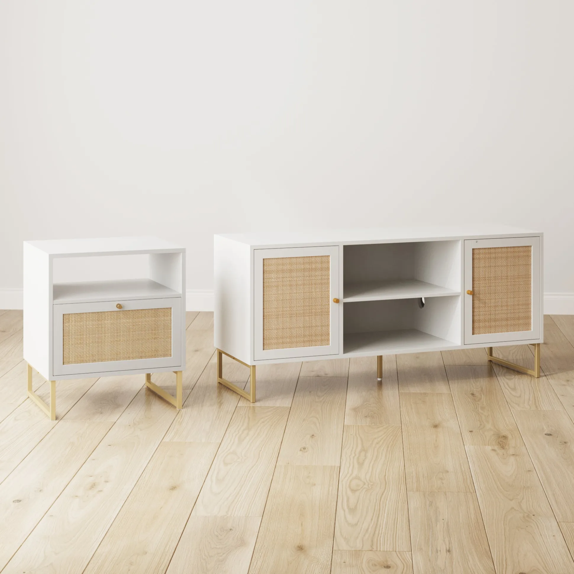 Rattan & Wood 2-Door TV Cabinet White