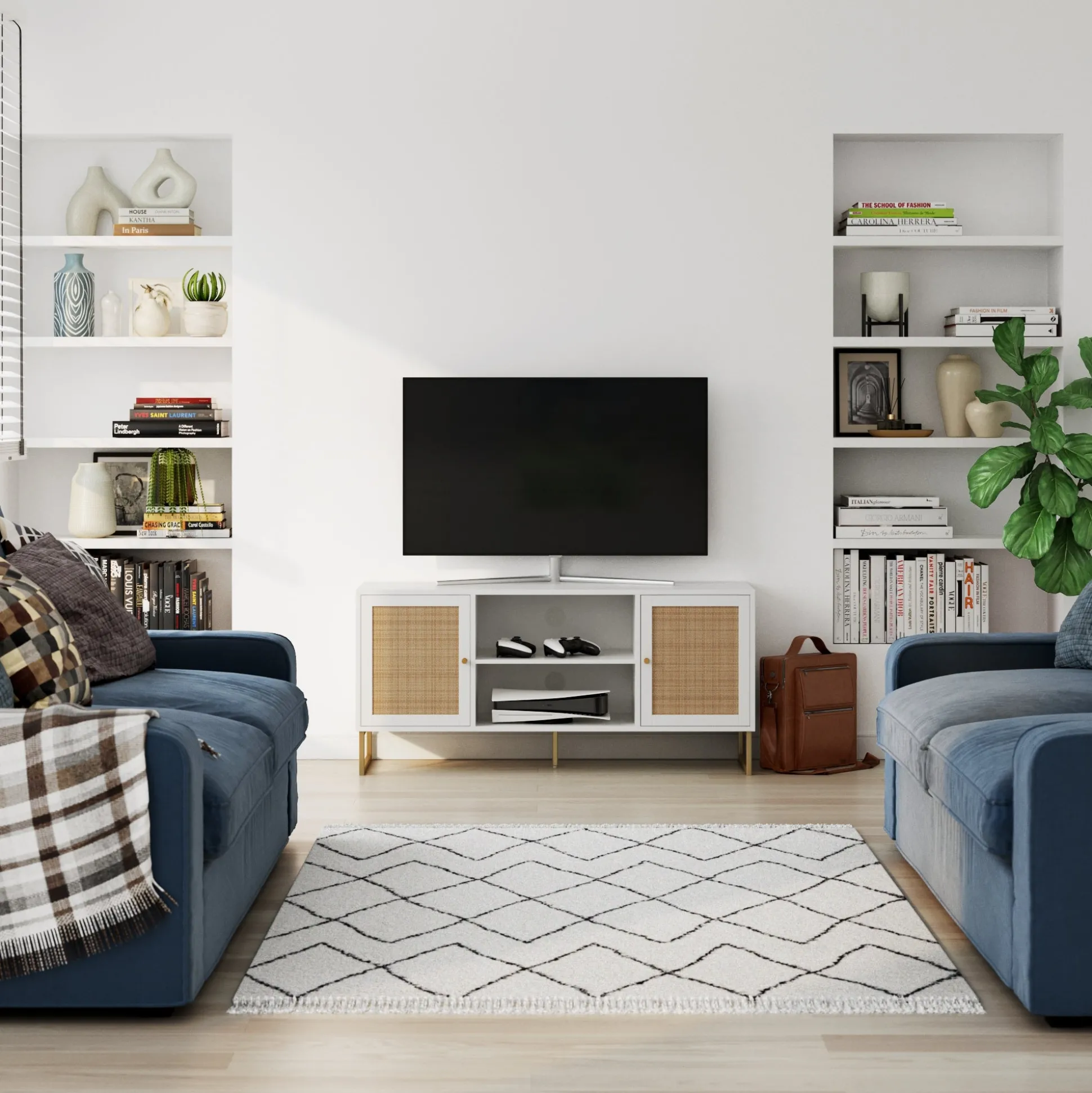 Rattan & Wood 2-Door TV Cabinet White