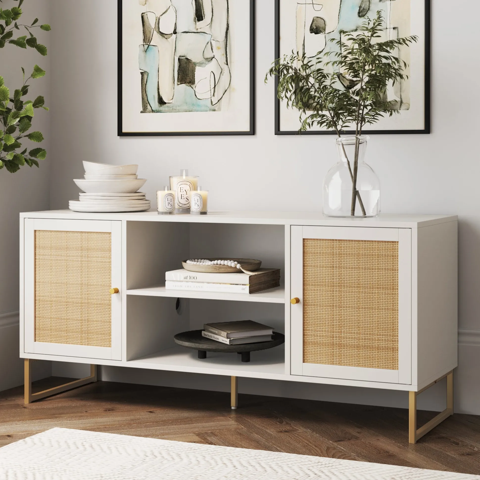 Rattan & Wood 2-Door TV Cabinet White