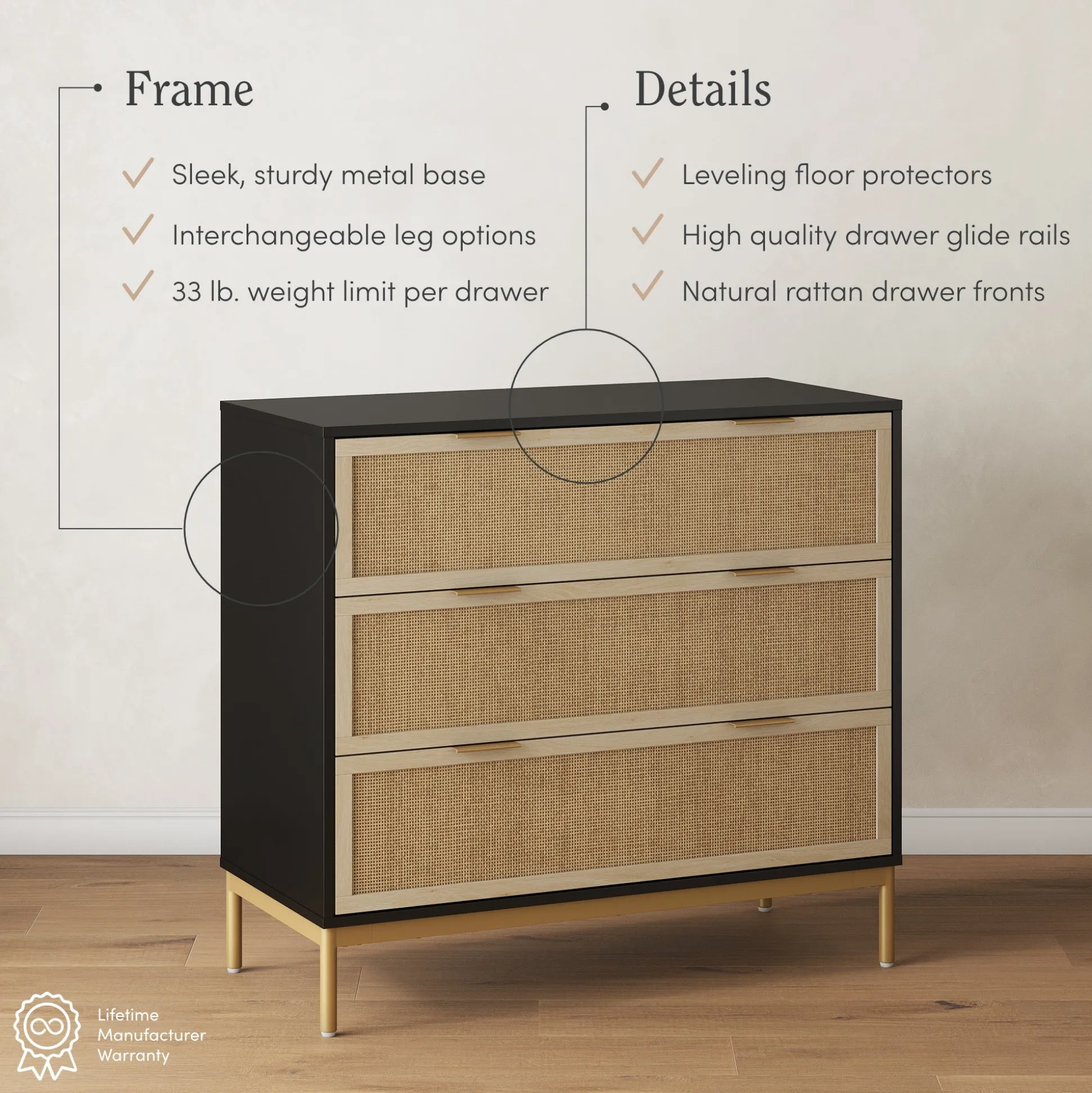 Rattan & Wood 3-Drawer Dresser Black