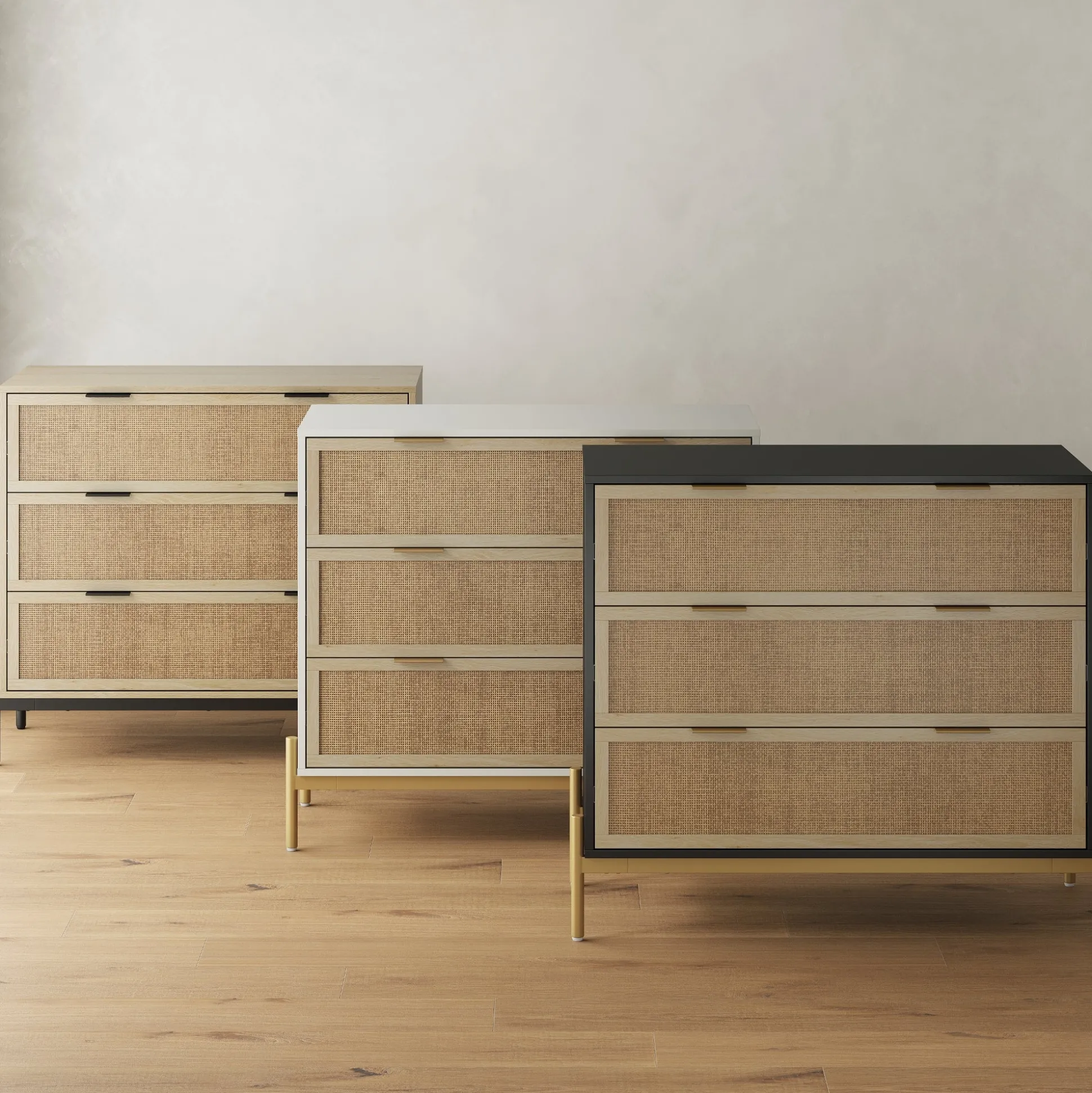 Rattan & Wood 3-Drawer Dresser Black