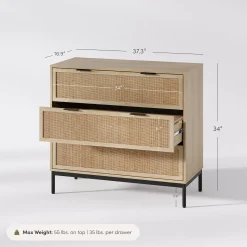 Rattan & Wood 3-Drawer Dresser Light Oak