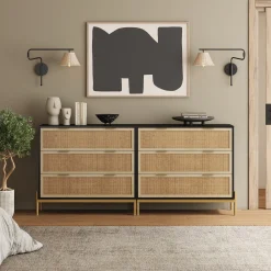 Rattan & Wood 3-Drawer Dressers Black (Set of 2)
