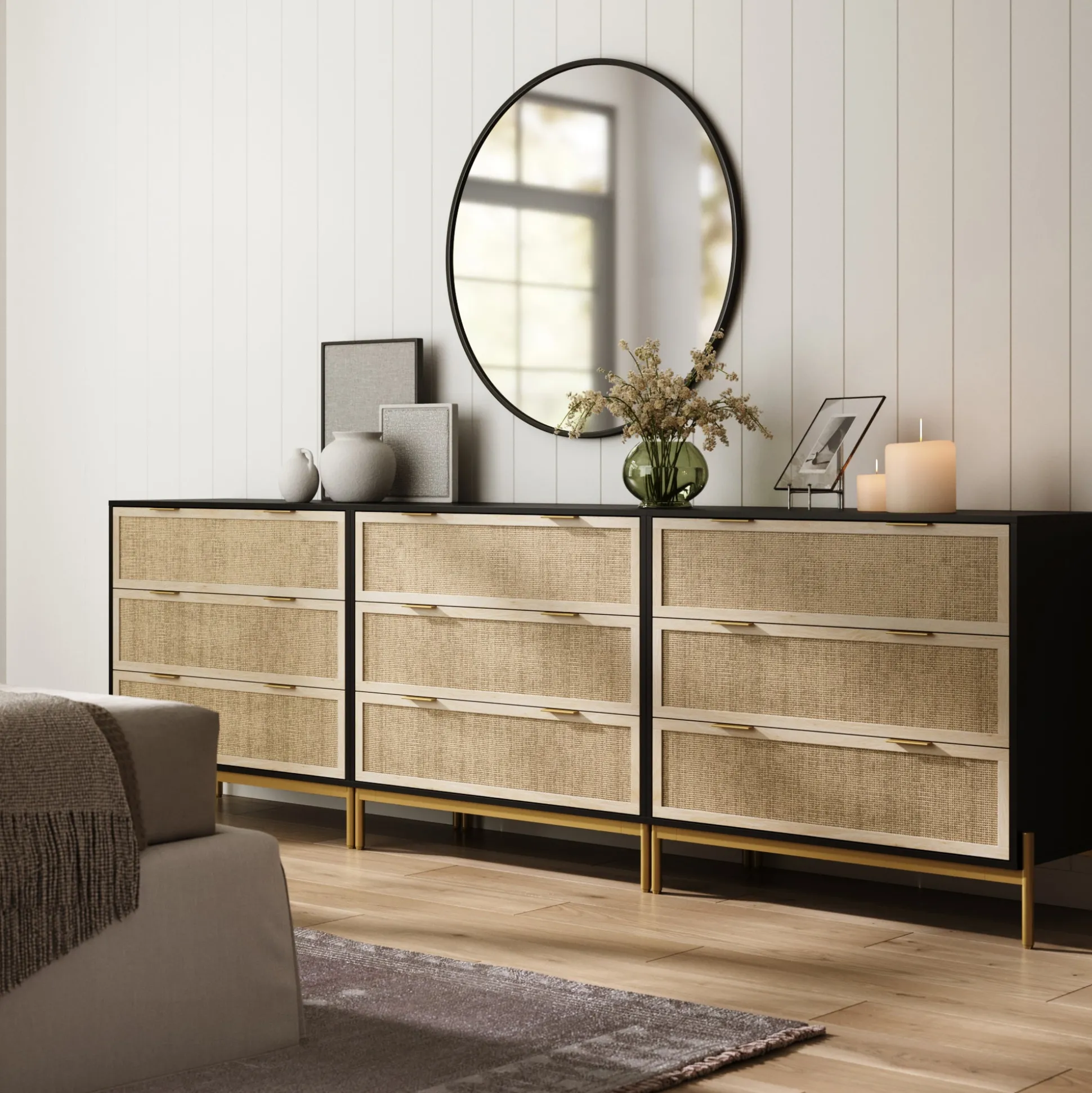 Rattan & Wood 3-Drawer Dressers Black (Set of 3)