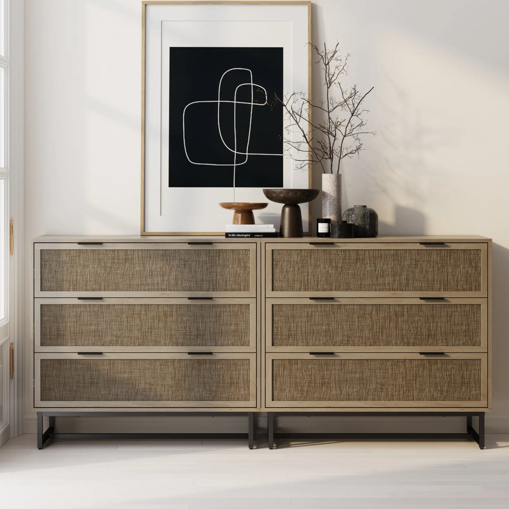 Rattan & Wood 3-Drawer Dressers Light Oak (Set of 2)