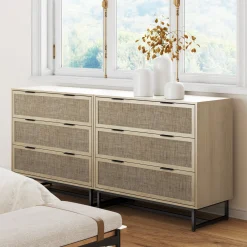 Rattan & Wood 3-Drawer Dressers Light Oak (Set of 2)