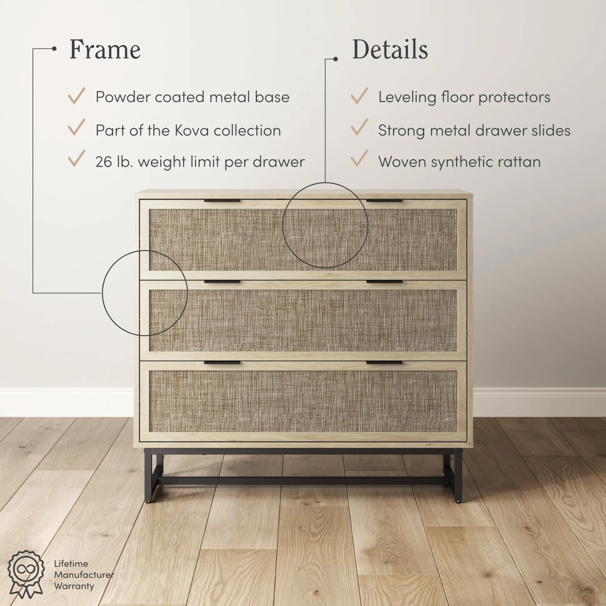 Rattan & Wood 3-Drawer Dressers Light Oak (Set of 2)