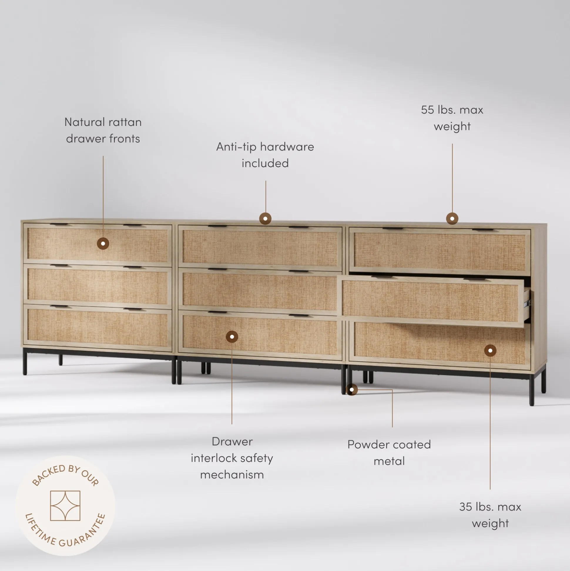 Rattan & Wood Dressers Light Oak (Set of 3)
