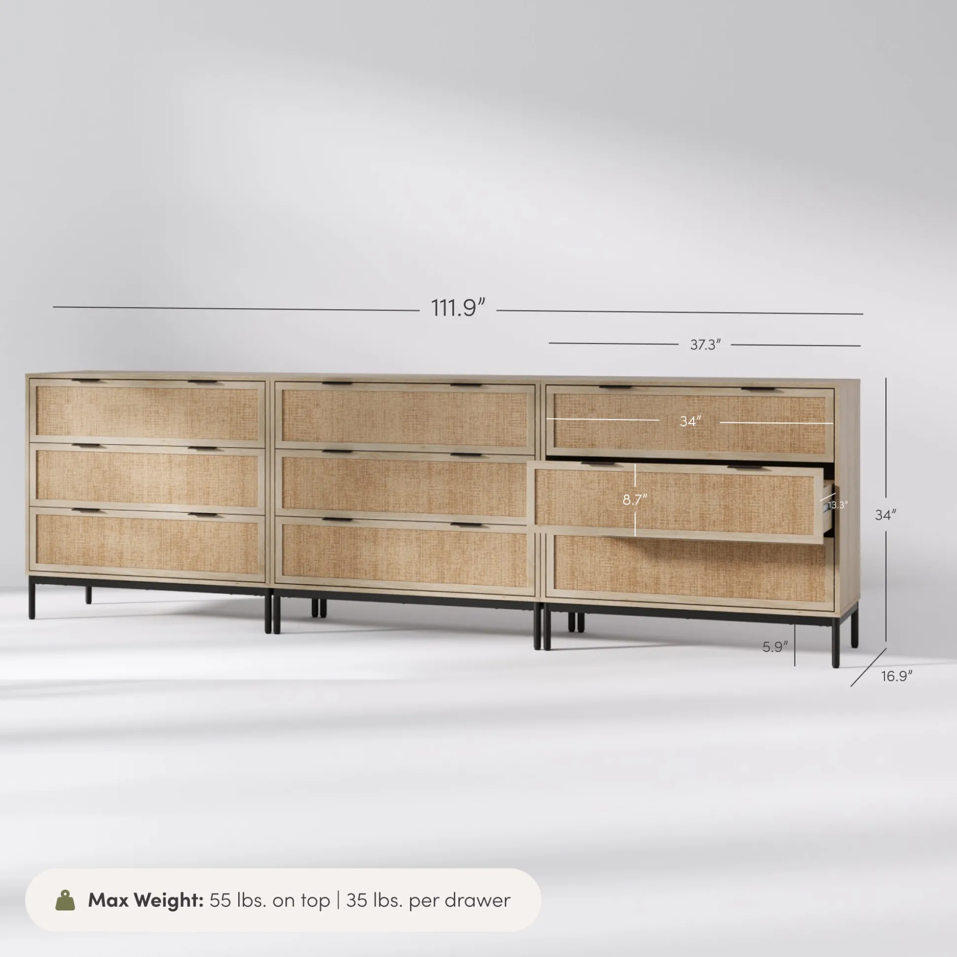Rattan & Wood Dressers Light Oak (Set of 3)