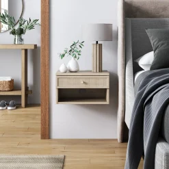 Rattan & Wood Floating Nightstand Light Oak
